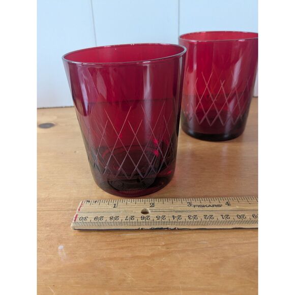 3 Cranberry Red Cut-to-Clear Lowball Rocks Glasses - Diamond Pattern - Picture 2 of 5